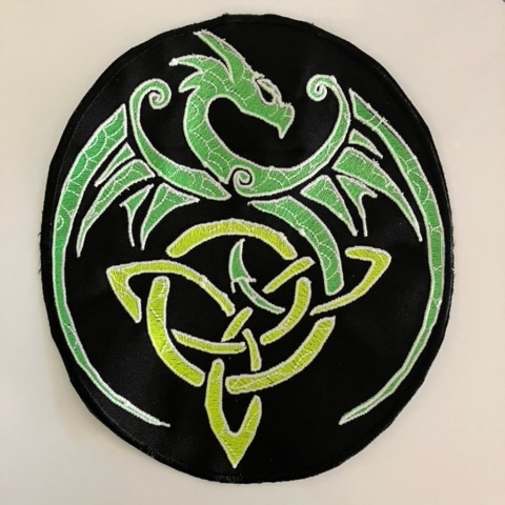 Celtic Dragon Patch embroidered using hi-viz and glow-in-the-dark threads.